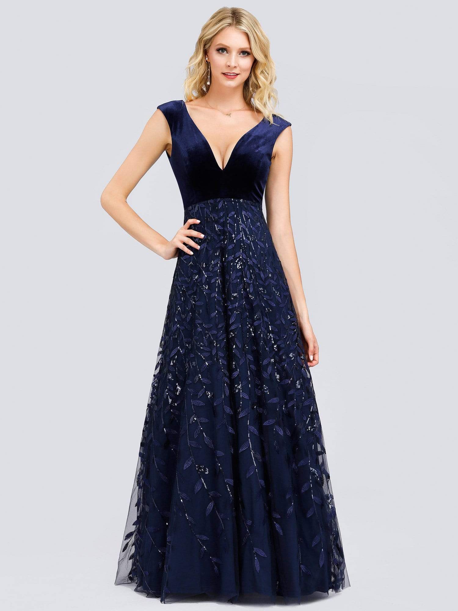 Color=Navy Blue | Gorgeous Double V Neck Embroidery Prom Dress-Navy Blue 1