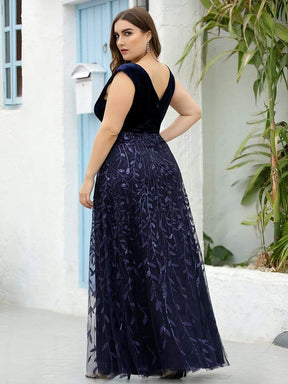 Color=Navy Blue | Plus Size Double V Neck Embroidery Prom Dress-Navy Blue 2