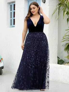 Color=Navy Blue | Plus Size Double V Neck Embroidery Prom Dress-Navy Blue 3