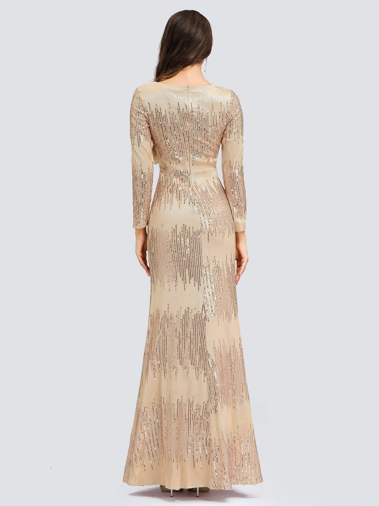 Color=Rose Gold | Classic Round Neckline Sequin Evening Dress With Long Sleeves-Rose Gold 2
