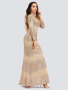 Color=Rose Gold | Classic Round Neckline Sequin Evening Dress With Long Sleeves-Rose Gold 3