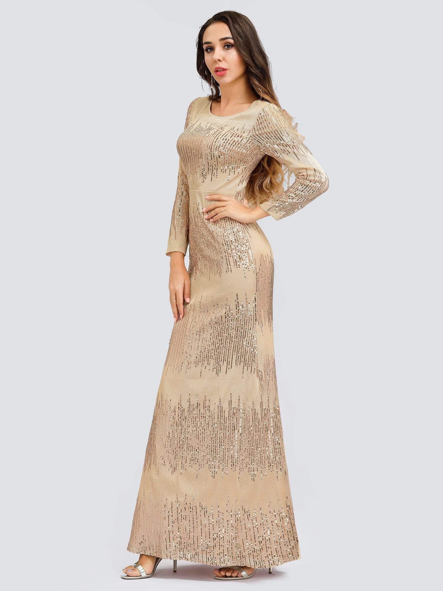 Color=Rose Gold | Classic Round Neckline Sequin Evening Dress With Long Sleeves-Rose Gold 4