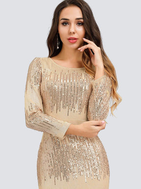 Color=Rose Gold | Classic Round Neckline Sequin Evening Dress With Long Sleeves-Rose Gold 5