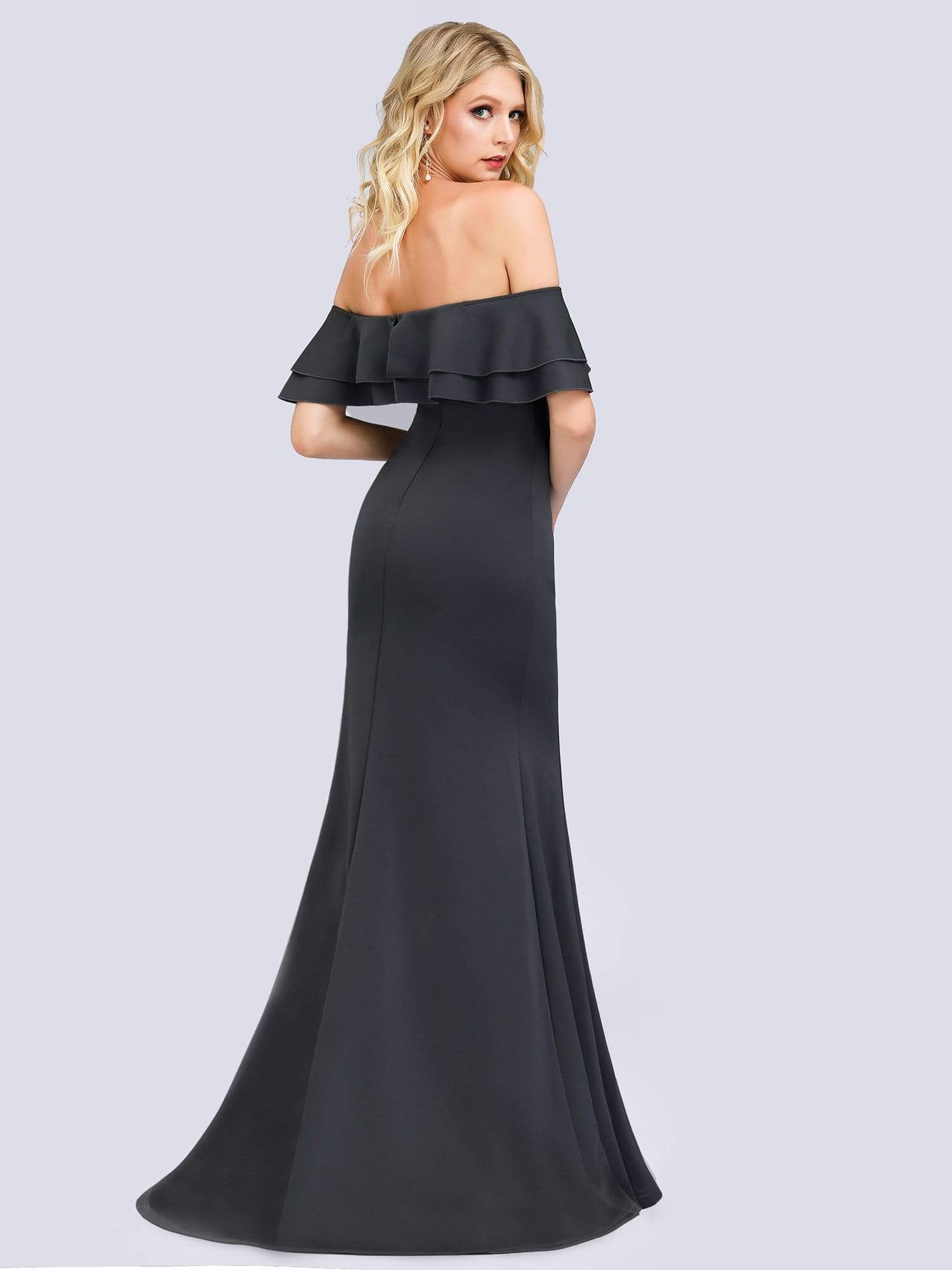 Color=Deep Grey | Romantic Off Shoulder Fishtail Evening Dress-Deep Grey 11