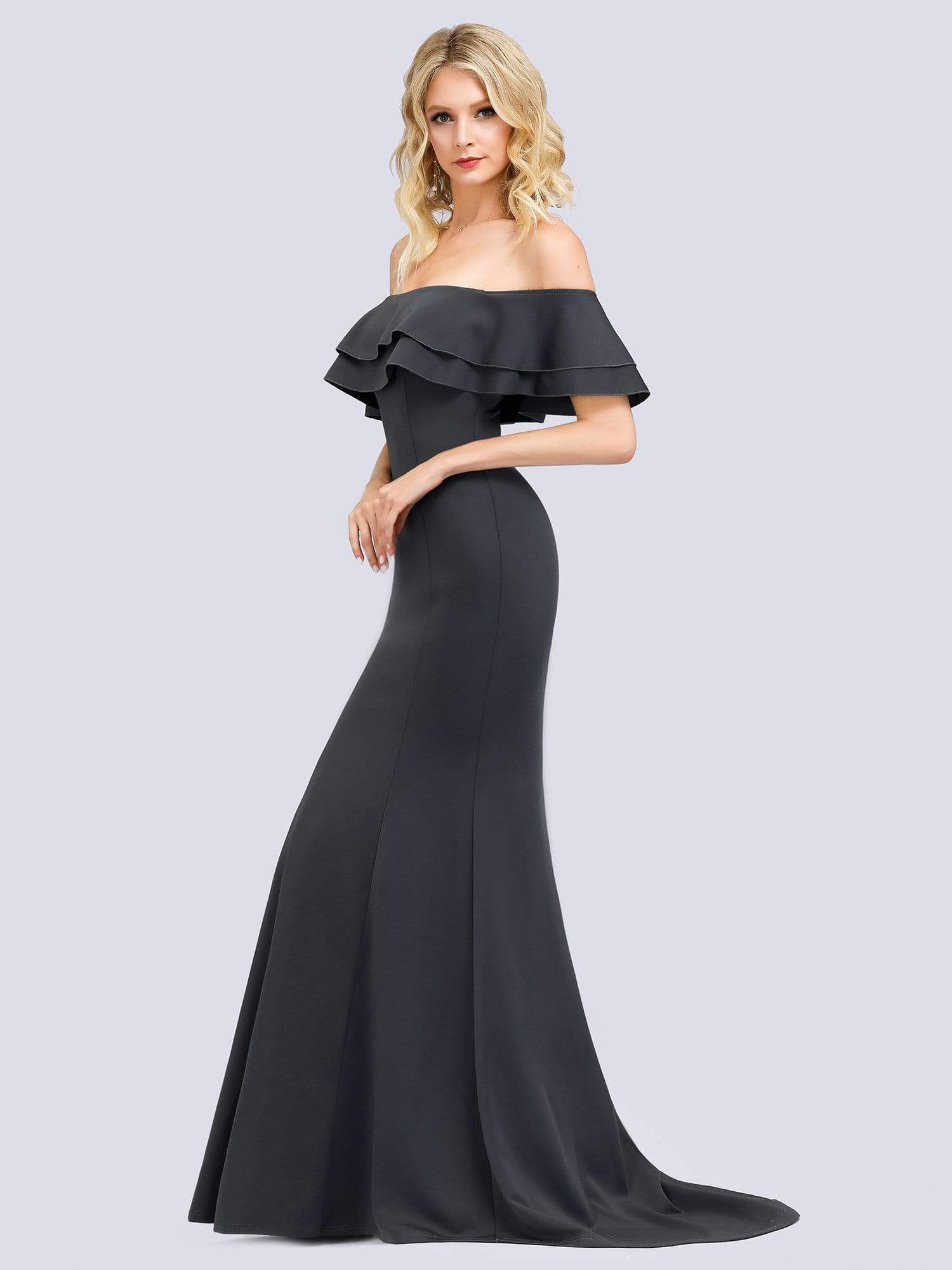 Color=Deep Grey | Romantic Off Shoulder Fishtail Evening Dress-Deep Grey 12