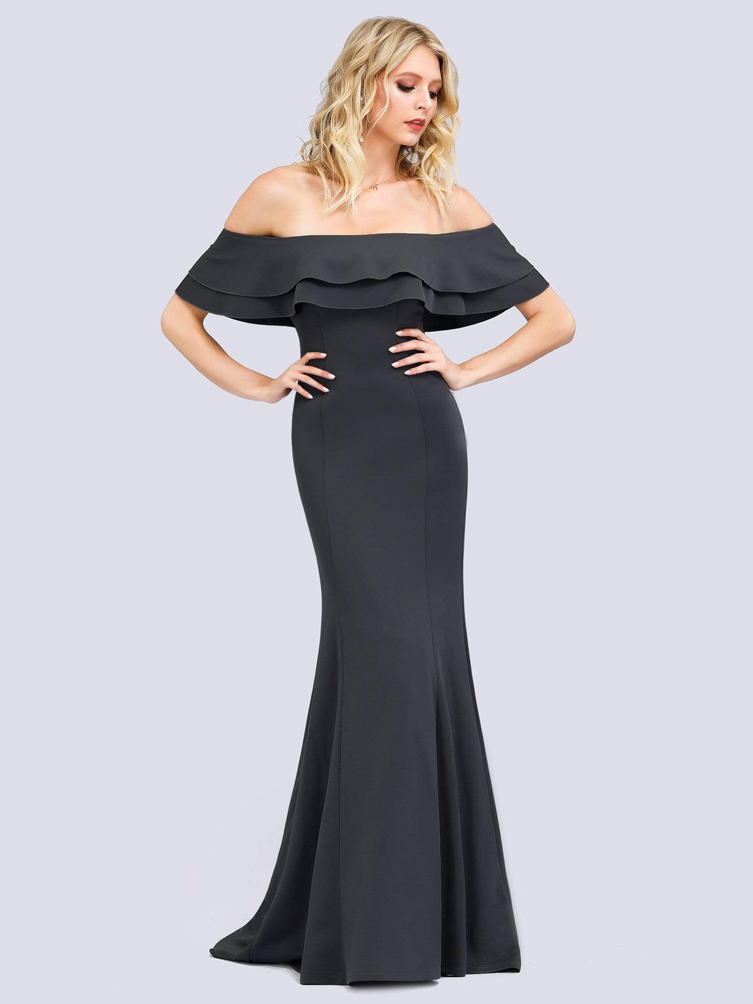 Color=Deep Grey | Romantic Off Shoulder Fishtail Evening Dress-Deep Grey 13