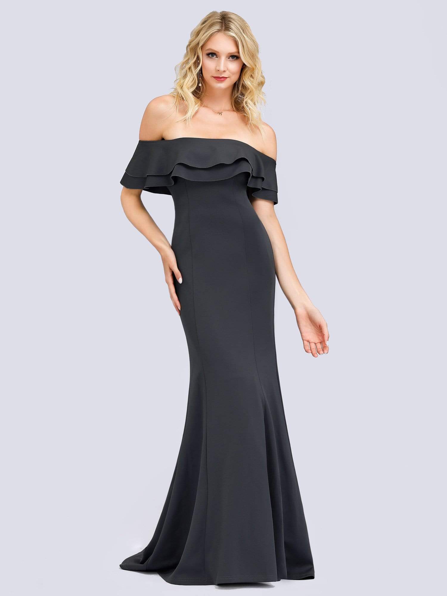 Color=Deep Grey | Romantic Off Shoulder Fishtail Evening Dress-Deep Grey 10