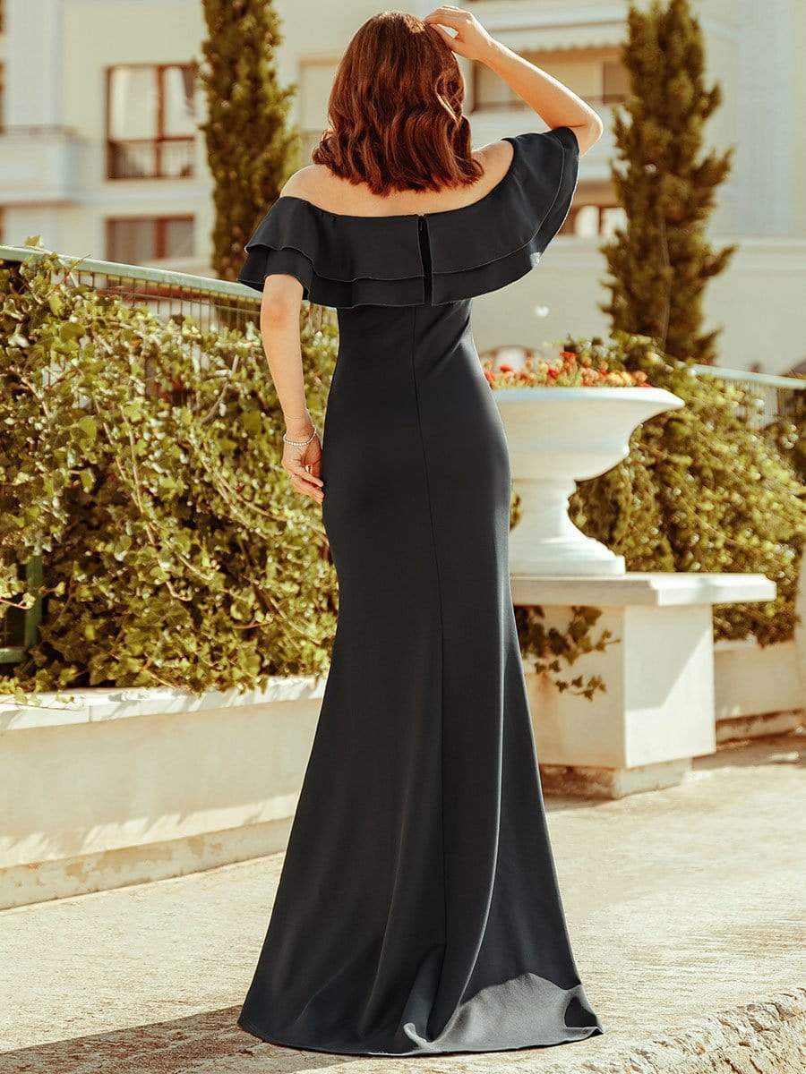 Color=Deep Grey | Romantic Off Shoulder Fishtail Evening Dress-Deep Grey 3