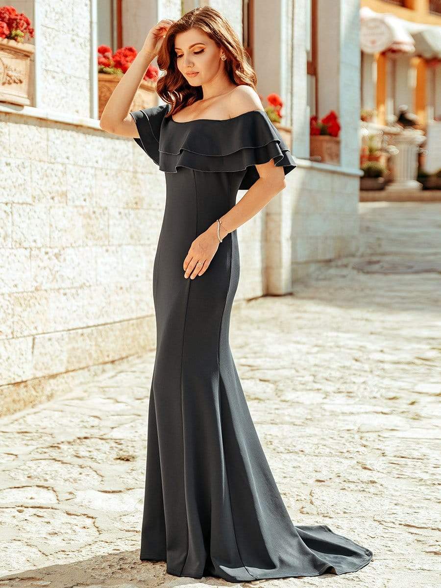 Color=Deep Grey | Romantic Off Shoulder Fishtail Evening Dress-Deep Grey 6