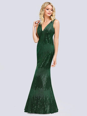 Color=Dark Green | Gorgeous V Neck Sequin Party Dress-Dark Green 6