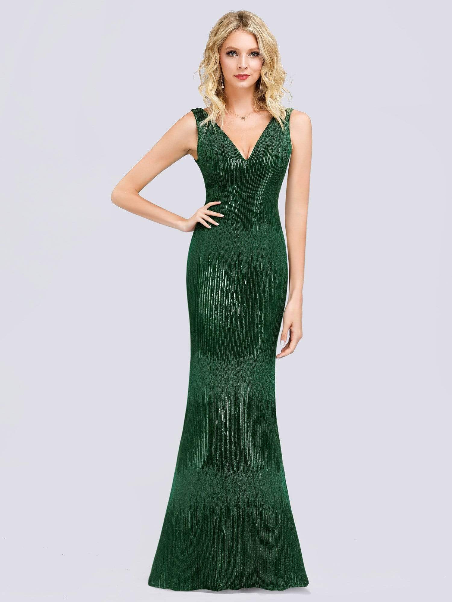 Color=Dark Green | Gorgeous V Neck Sequin Party Dress-Dark Green 7