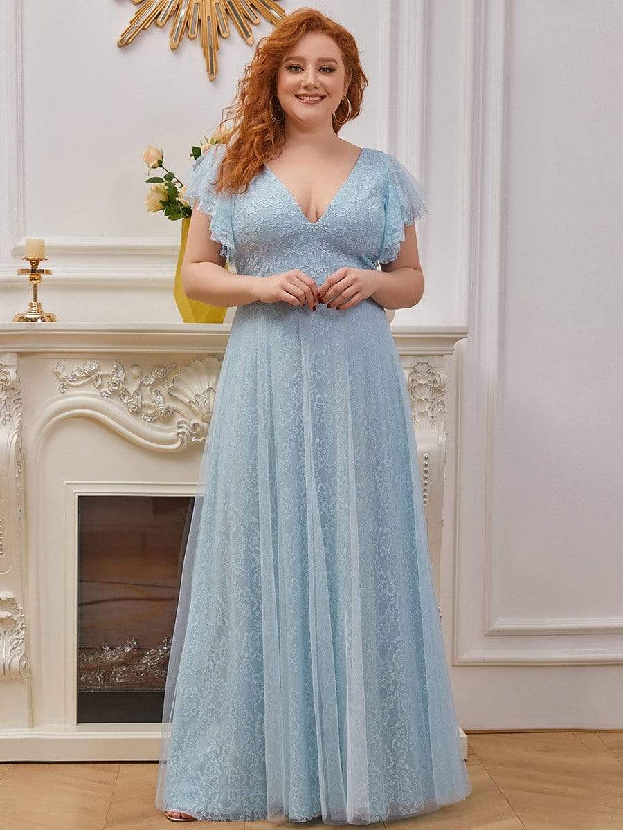 Color=Sky Blue | Plus Size Double V Neck Lace Evening Dresses With Ruffle Sleeves-Sky Blue 1