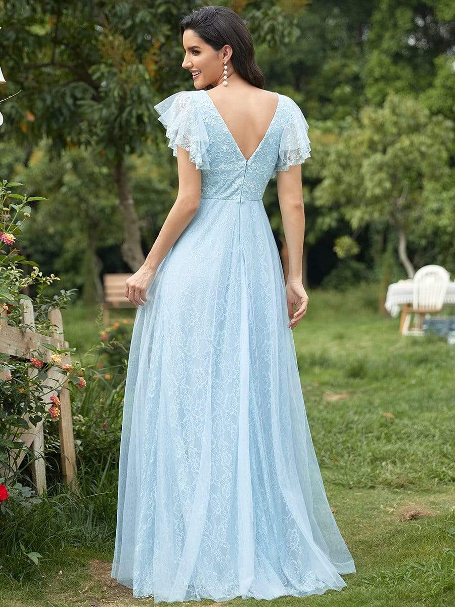 Color=Sky Blue | Double V Neck Lace Evening Dresses With Ruffle Sleeves-Sky Blue 2