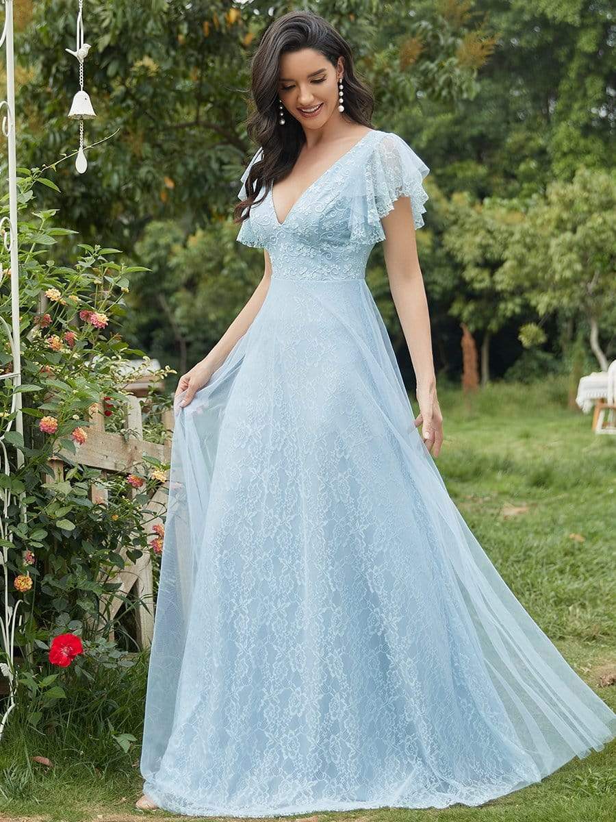 Color=Sky Blue | Double V Neck Lace Evening Dresses With Ruffle Sleeves-Sky Blue 1