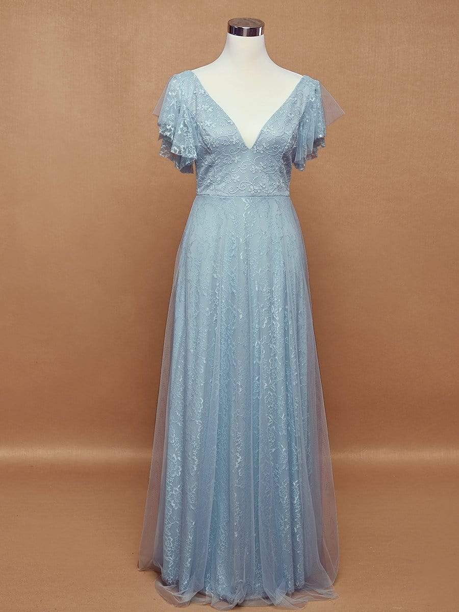 Color=Sky Blue | Double V Neck Lace Evening Dresses With Ruffle Sleeves-Sky Blue 8