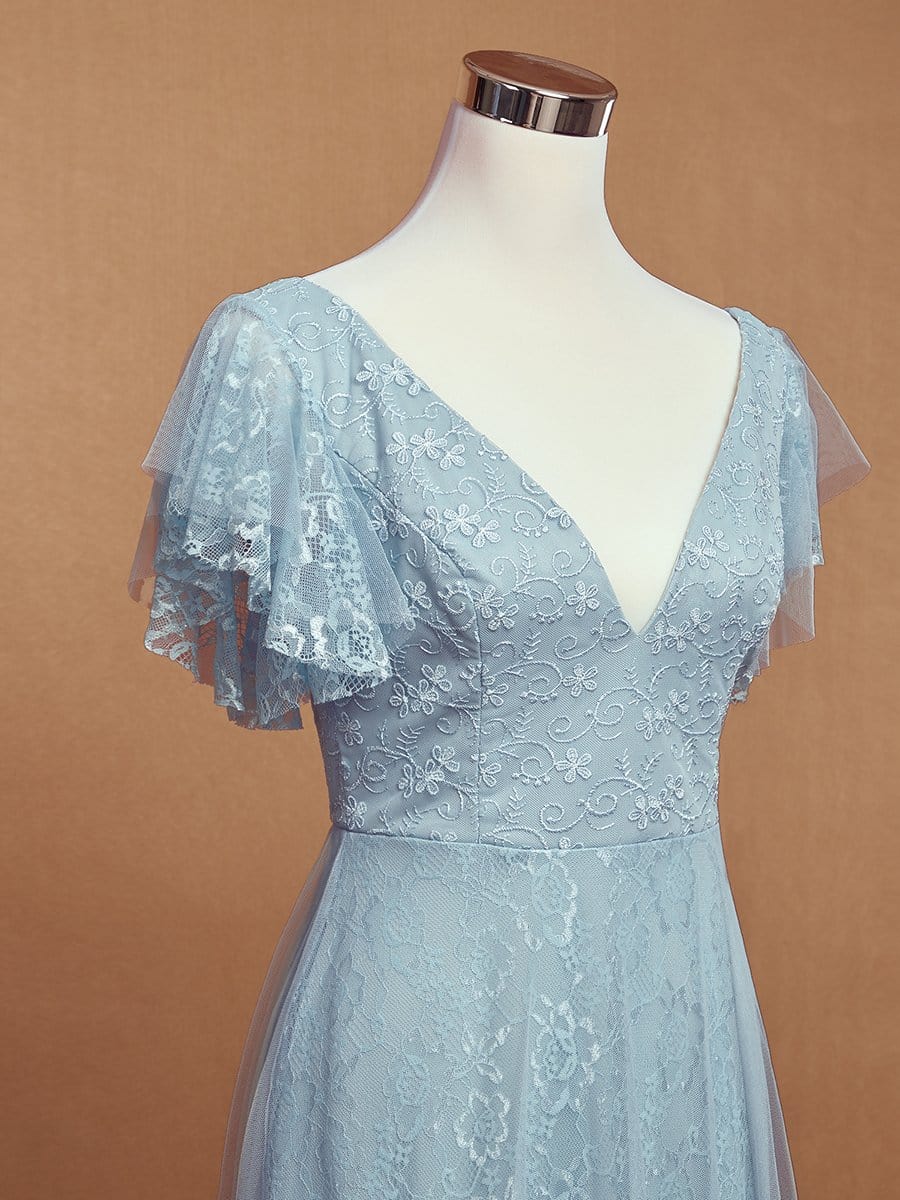 Color=Sky Blue | Double V Neck Lace Evening Dresses With Ruffle Sleeves-Sky Blue 9