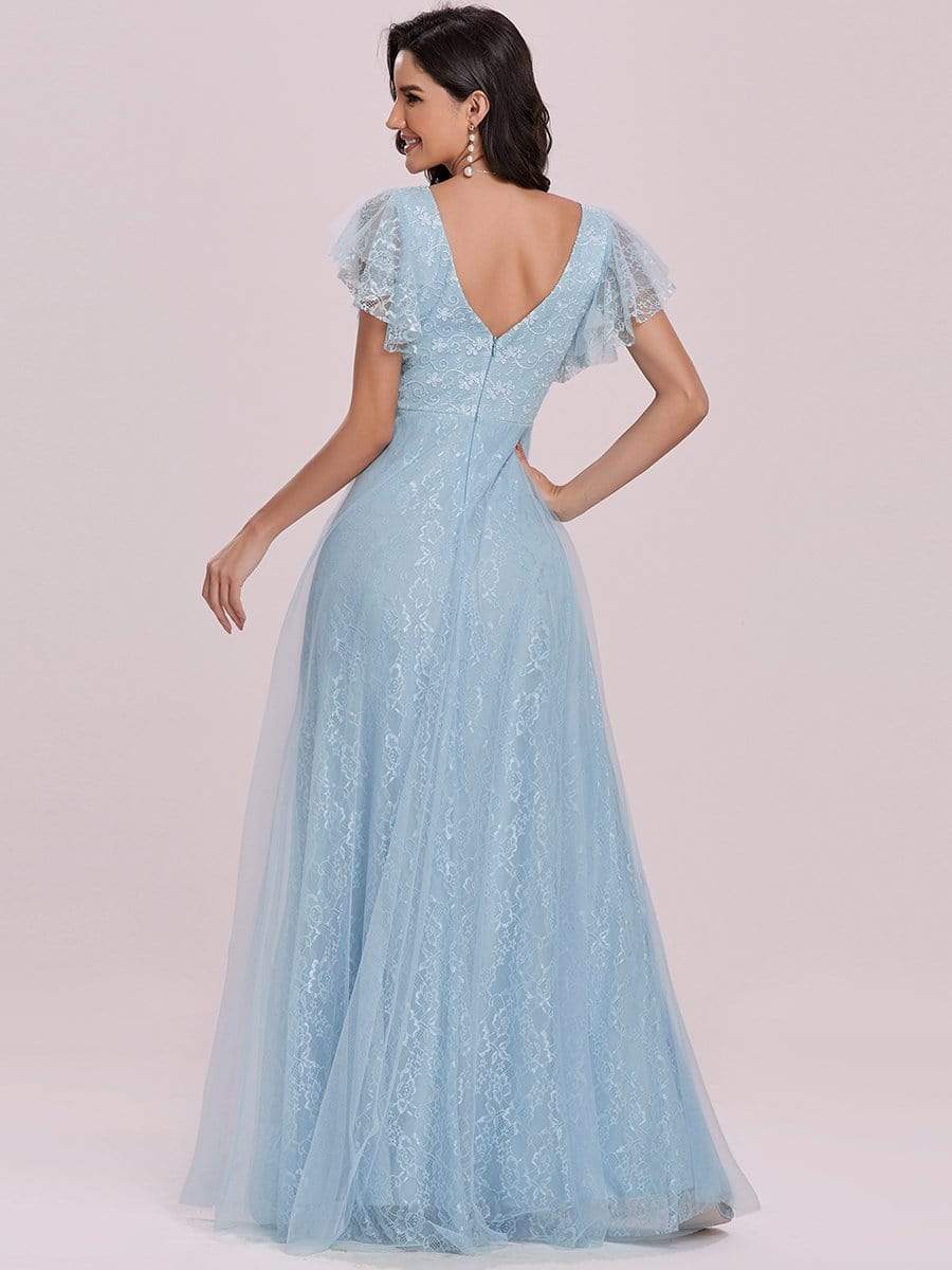Color=Sky Blue | Double V Neck Lace Evening Dresses With Ruffle Sleeves-Sky Blue 7