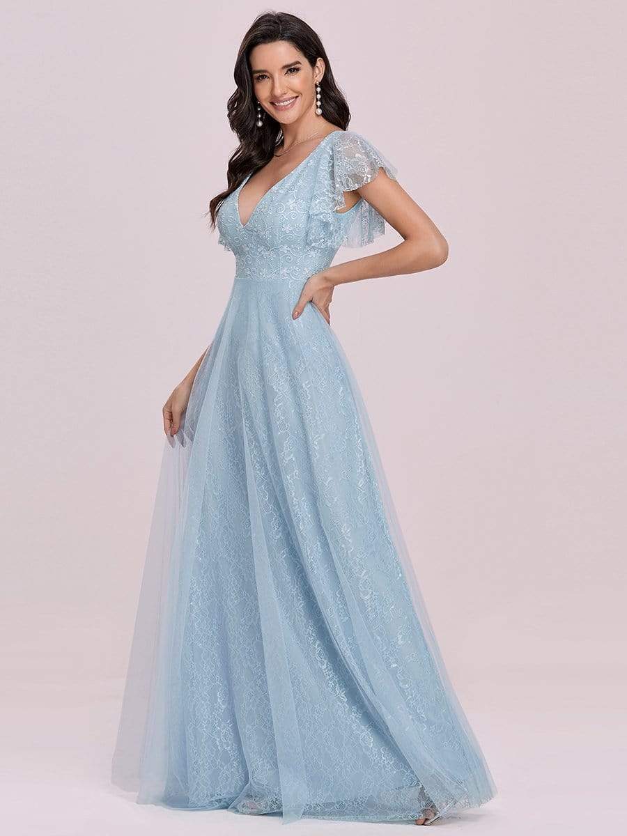 Color=Sky Blue | Double V Neck Lace Evening Dresses With Ruffle Sleeves-Sky Blue 6