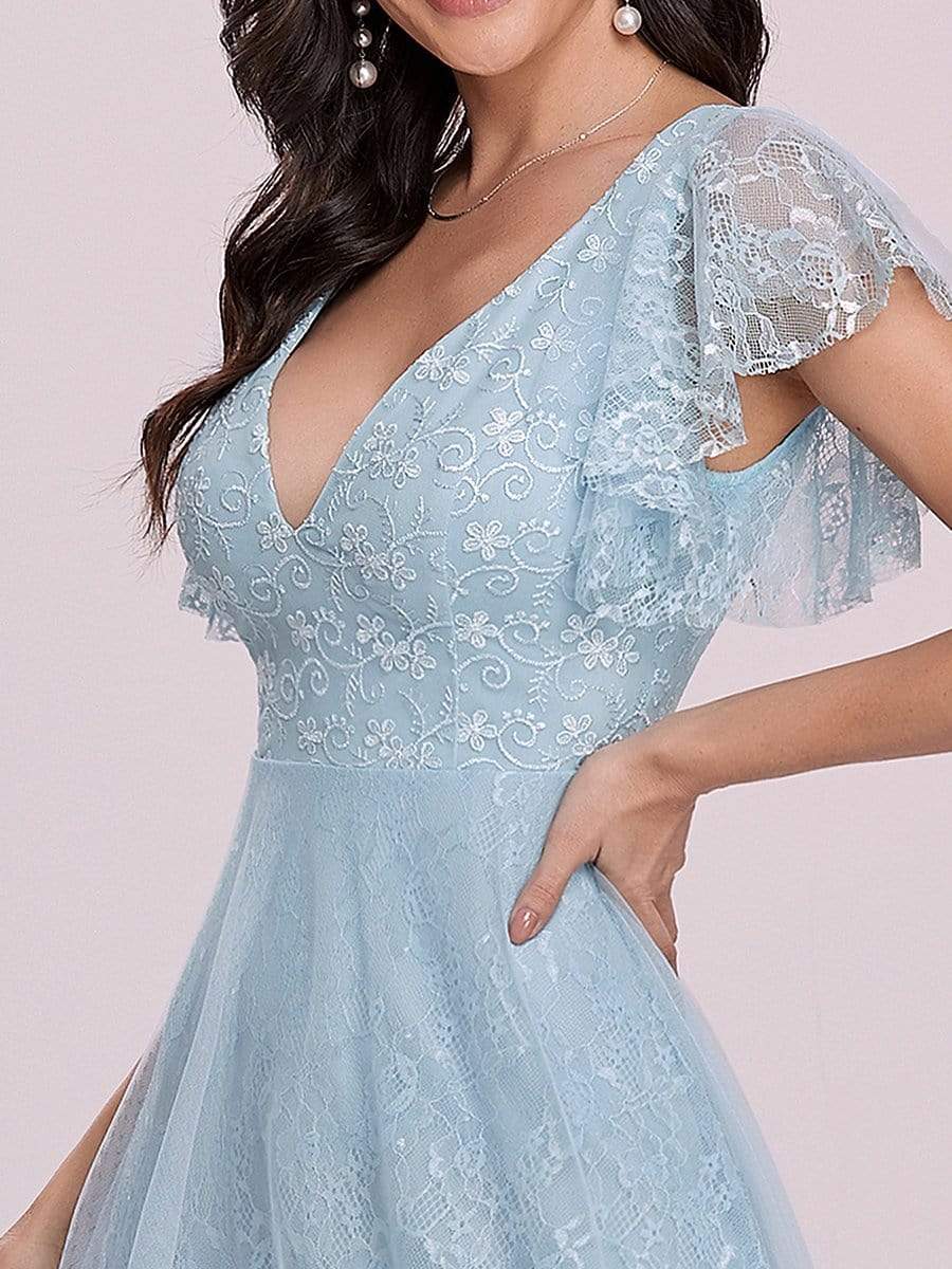 Color=Sky Blue | Double V Neck Lace Evening Dresses With Ruffle Sleeves-Sky Blue 3