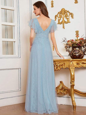 Color=Sky Blue | Double V Neck Lace Evening Dresses With Ruffle Sleeves-Sky Blue 5