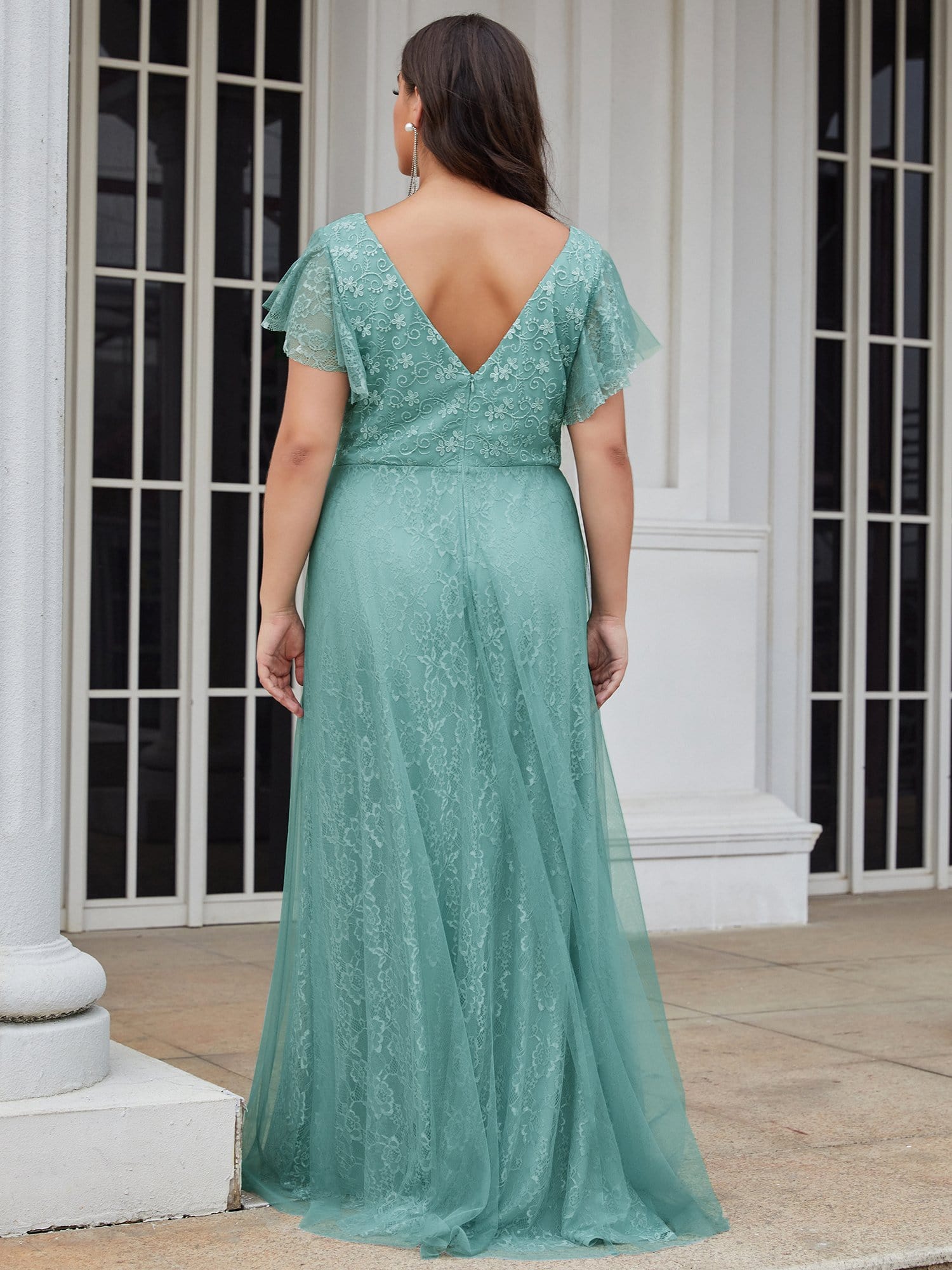 Color=Dusty Blue | Plus Size Double V Neck Lace Evening Dresses With Ruffle Sleeves-Dusty Blue 2