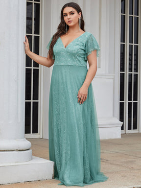 Color=Dusty Blue | Plus Size Double V Neck Lace Evening Dresses With Ruffle Sleeves-Dusty Blue 5