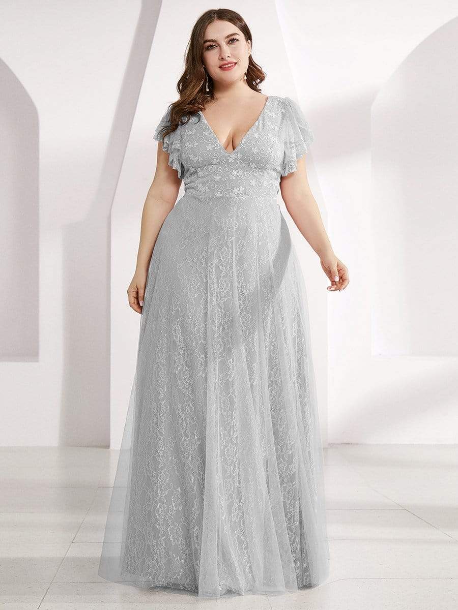 Color=Grey | Plus Size Double V Neck Lace Evening Dresses With Ruffle Sleeves-Grey 4