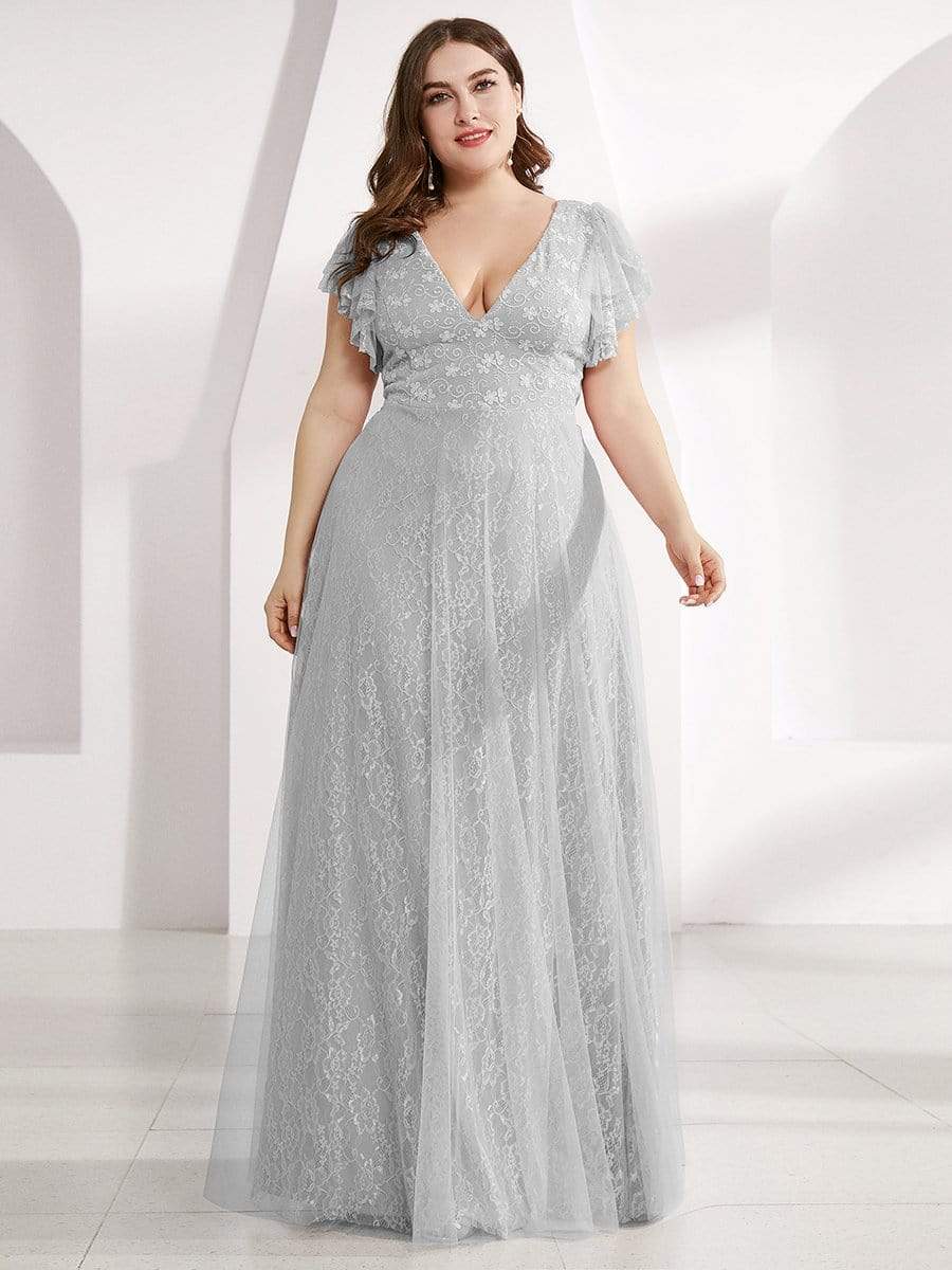 Color=Grey | Double V Neck Lace Evening Dresses With Ruffle Sleeves-Grey 4