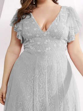 Color=Grey | Plus Size Double V Neck Lace Evening Dresses With Ruffle Sleeves-Grey 3