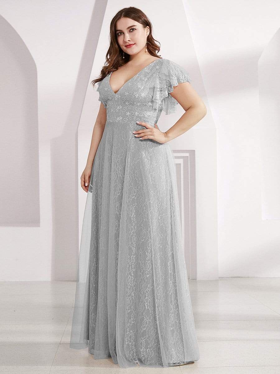 Color=Grey | Plus Size Double V Neck Lace Evening Dresses With Ruffle Sleeves-Grey 1