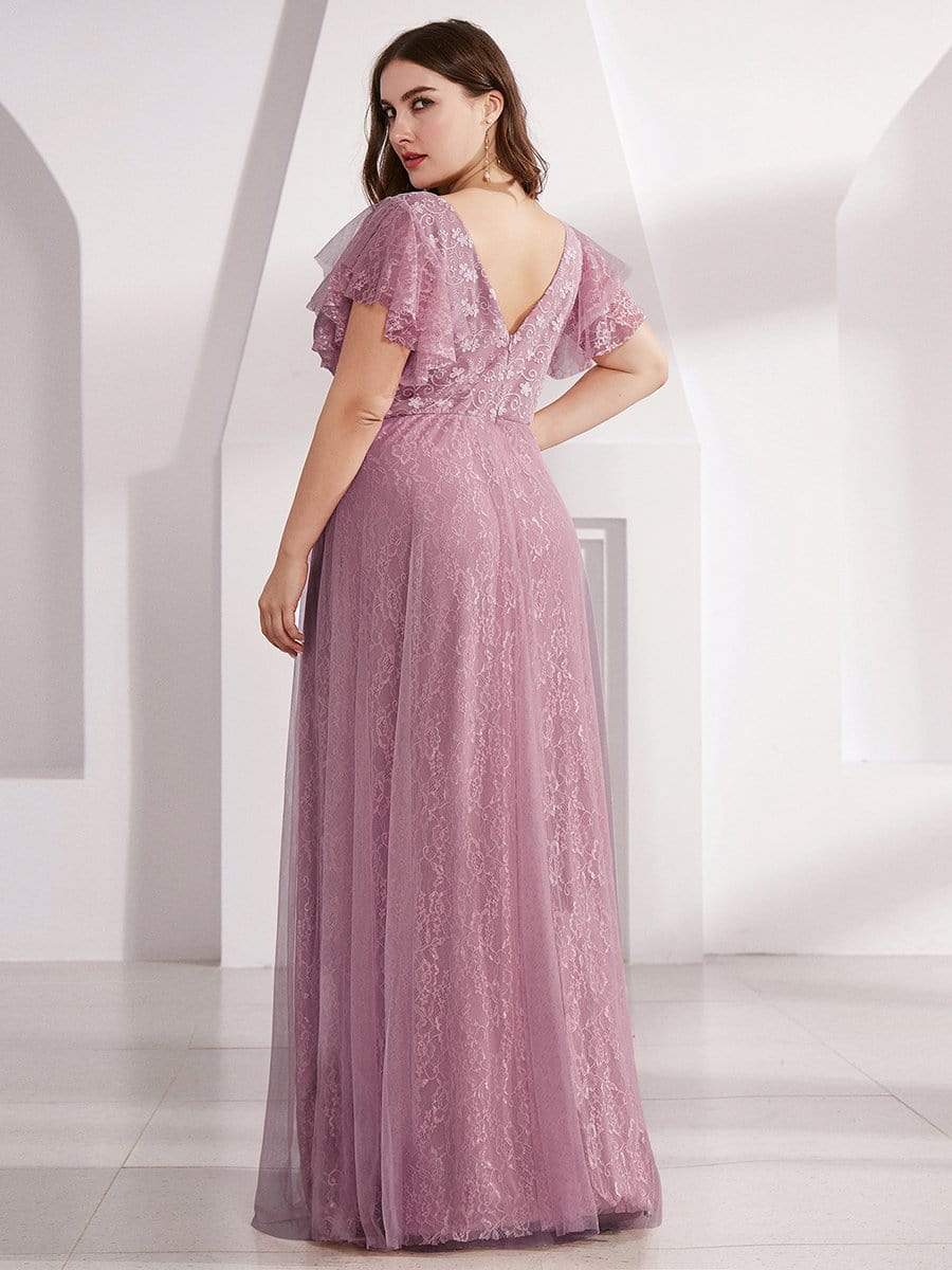 Color=Purple Orchid | Double V Neck Lace Evening Dresses With Ruffle Sleeves-Purple Orchid 12