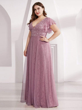 Color=Purple Orchid | Plus Size Double V Neck Lace Evening Dresses With Ruffle Sleeves-Purple Orchid 3