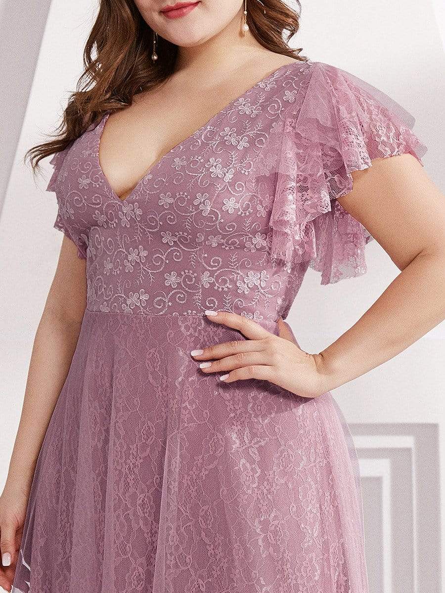 Color=Pink | Plus Size Double V Neck Lace Evening Dresses With Ruffle Sleeves-Pink 5