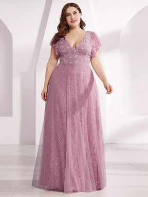 Color=Purple Orchid | Plus Size Double V Neck Lace Evening Dresses With Ruffle Sleeves-Purple Orchid 1
