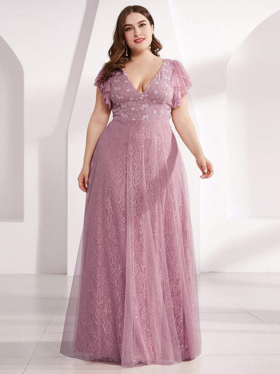 Color=Purple Orchid | Plus Size Double V Neck Lace Evening Dresses With Ruffle Sleeves-Purple Orchid 1