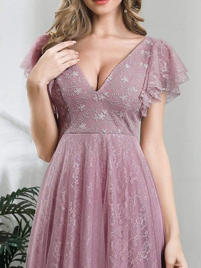 Color=Purple Orchid | Double V Neck Lace Evening Dresses With Ruffle Sleeves-Purple Orchid 5
