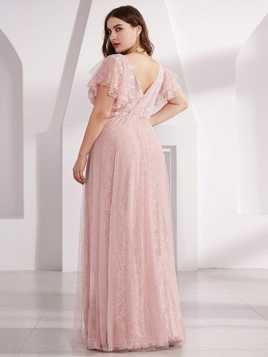 Color=Pink | Plus Size Double V Neck Lace Evening Dresses With Ruffle Sleeves-Pink 2