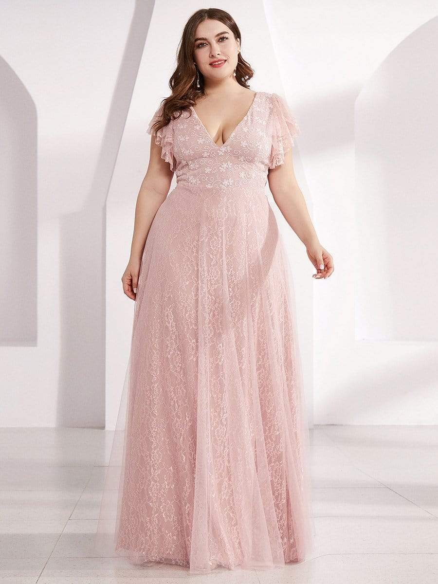 Color=Pink | Plus Size Double V Neck Lace Evening Dresses With Ruffle Sleeves-Pink 1