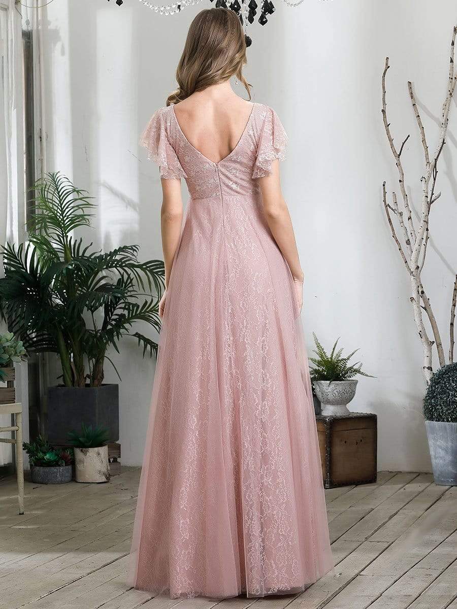 Color=Pink | Double V Neck Lace Evening Dresses With Ruffle Sleeves-Pink 5