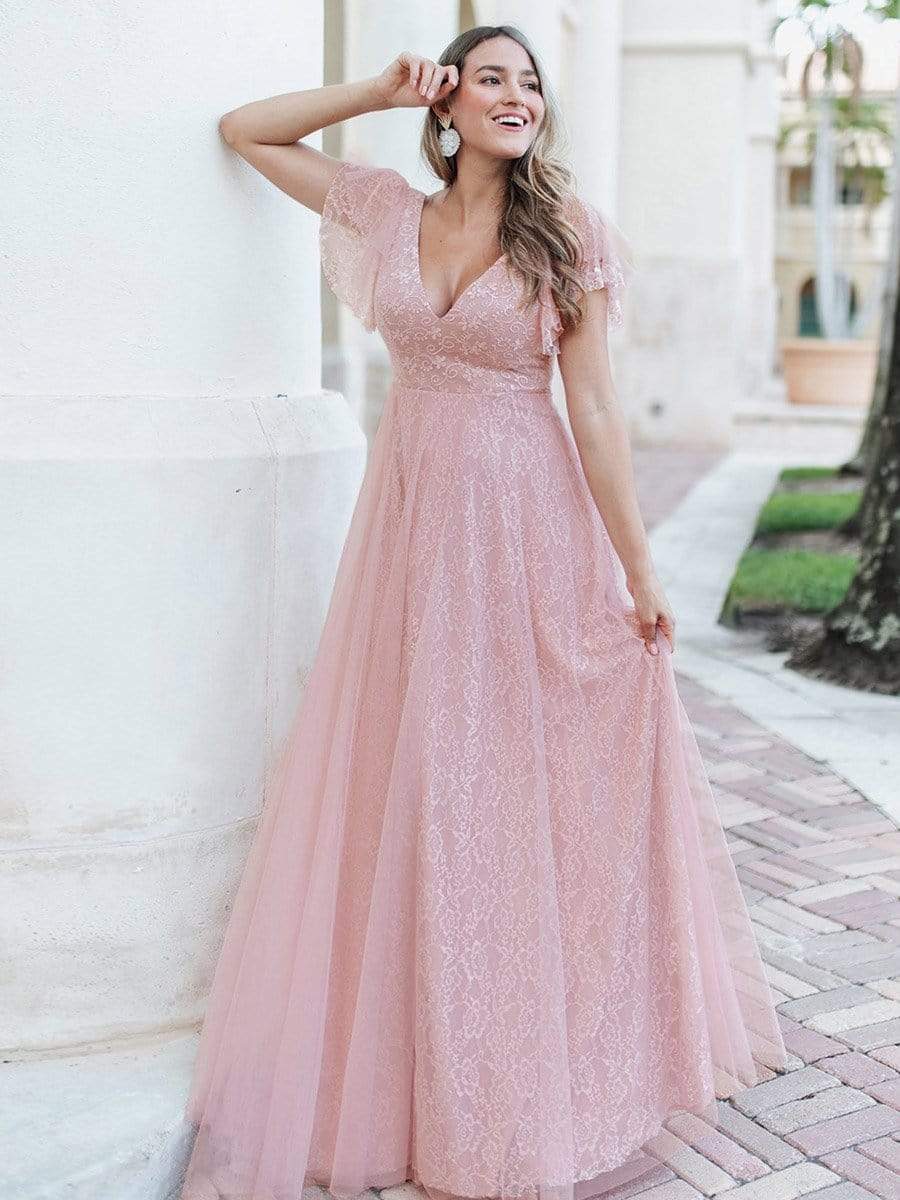 Color=Pink | Double V Neck Lace Evening Dresses With Ruffle Sleeves-Pink 1