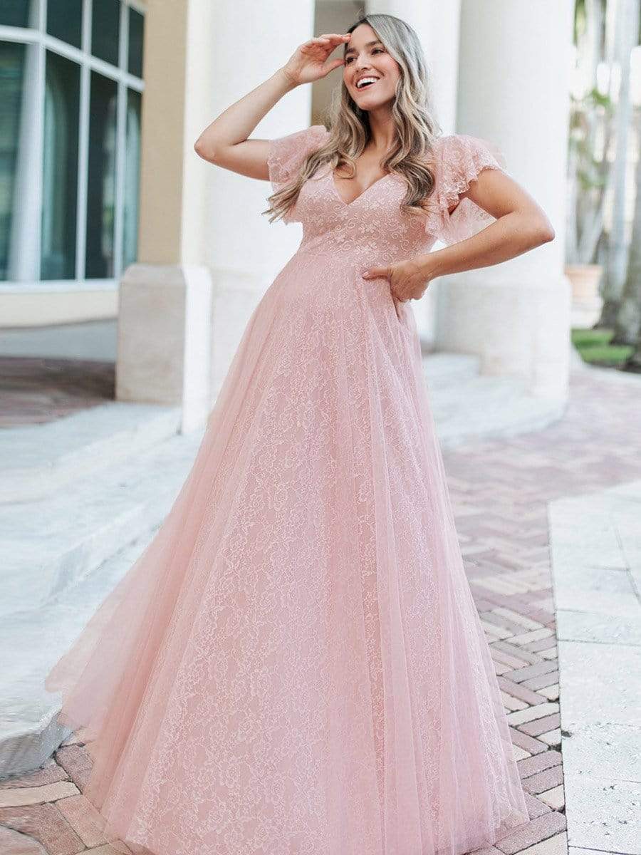 Color=Pink | Double V Neck Lace Evening Dresses With Ruffle Sleeves-Pink 2