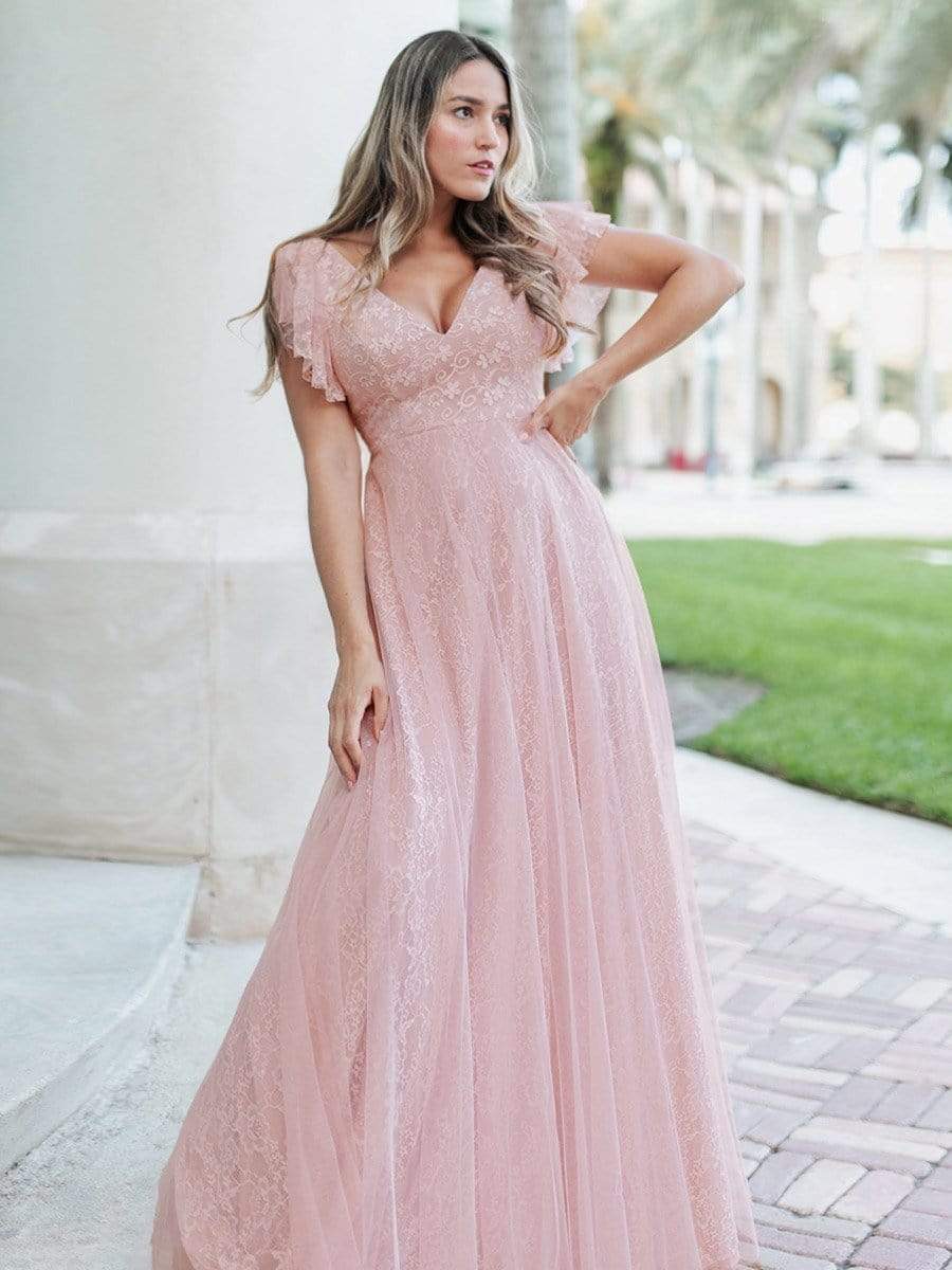 Color=Pink | Double V Neck Lace Evening Dresses With Ruffle Sleeves-Pink 3