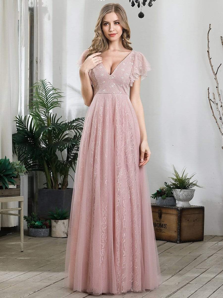 Color=Pink | Double V Neck Lace Evening Dresses With Ruffle Sleeves-Pink 4