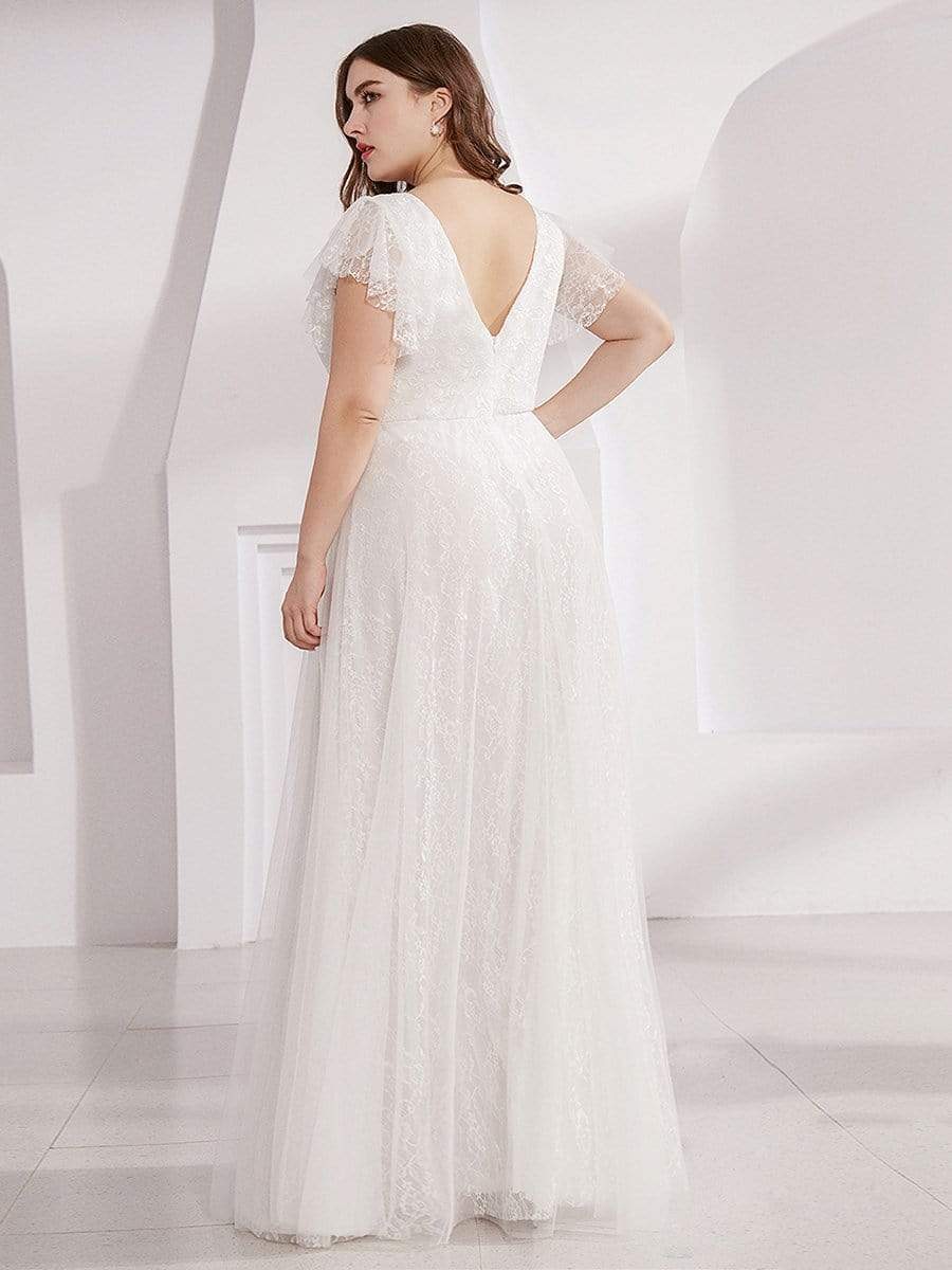 Color=White | Plus Size Double V Neck Lace Evening Dresses With Ruffle Sleeves-White 2