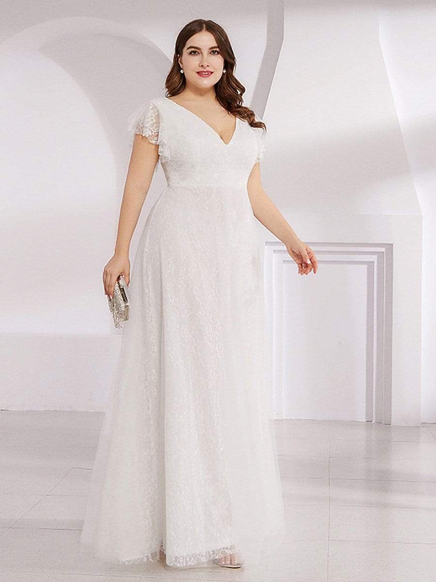 Color=White | Plus Size Double V Neck Lace Evening Dresses With Ruffle Sleeves-White 4