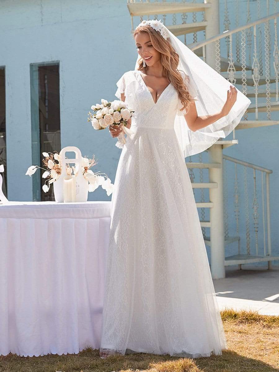 Elegant Maxi Lace Wedding Dress with Ruffle Sleeves