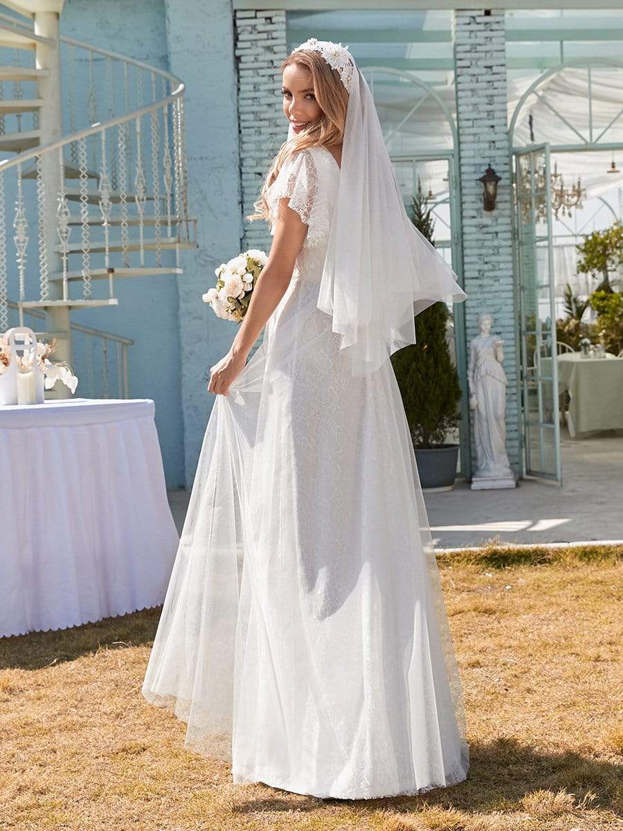 Color=White | Elegant Maxi Lace Wedding Dress With Ruffle Sleeves-White 2