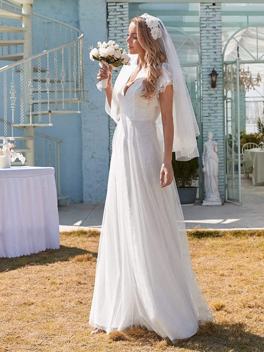 Double V Neck Lace Applique White Simple Beach Wedding Dress