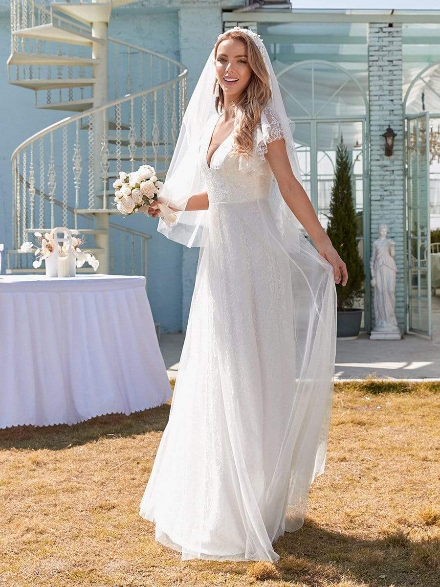 Color=White | Elegant Maxi Lace Wedding Dress With Ruffle Sleeves-White 4