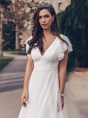 Color=White | Elegant Maxi Lace Wedding Dress With Ruffle Sleeves-White 7
